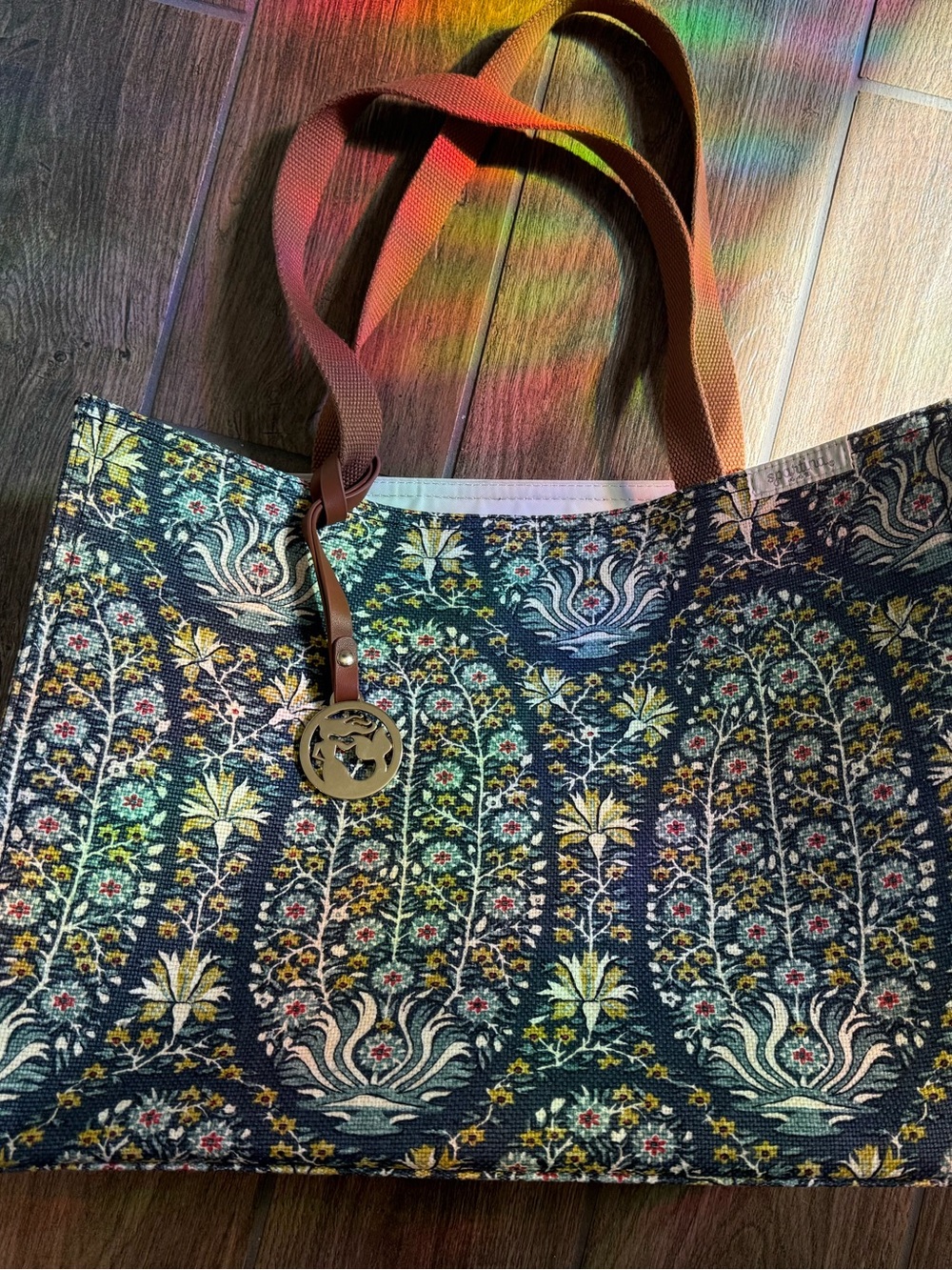 Spartina 449 Navy Floral Jacquard Tote with Tan Straps